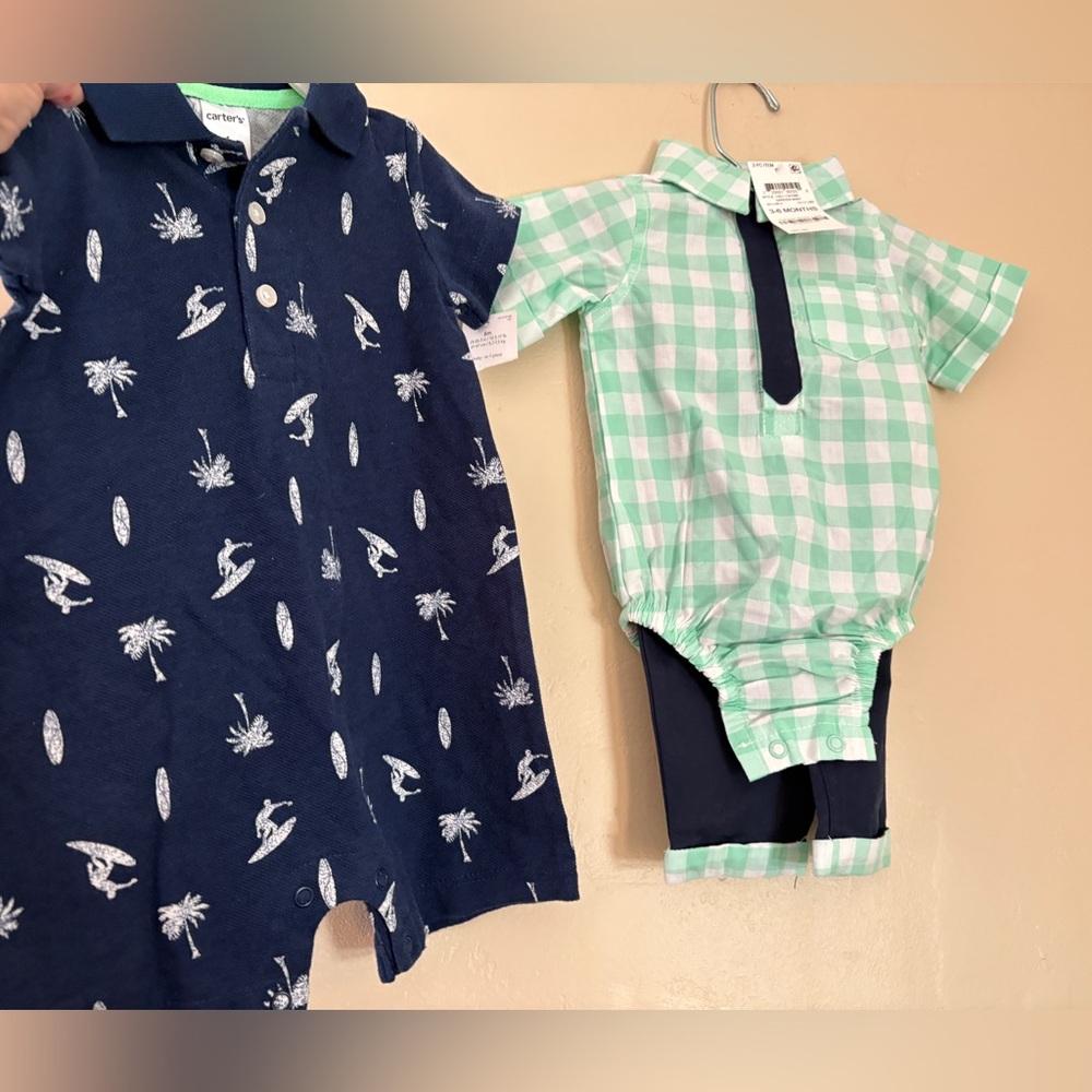 New NWT 2 outfits, boy, Carters, one piece shorts and 2 piece onesie/pants.3-6m